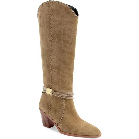 Women's Camel Suede Cowboy Pointed Toe Knee High Chunky Stylish Comfortable Heel - Picture 6 of 7